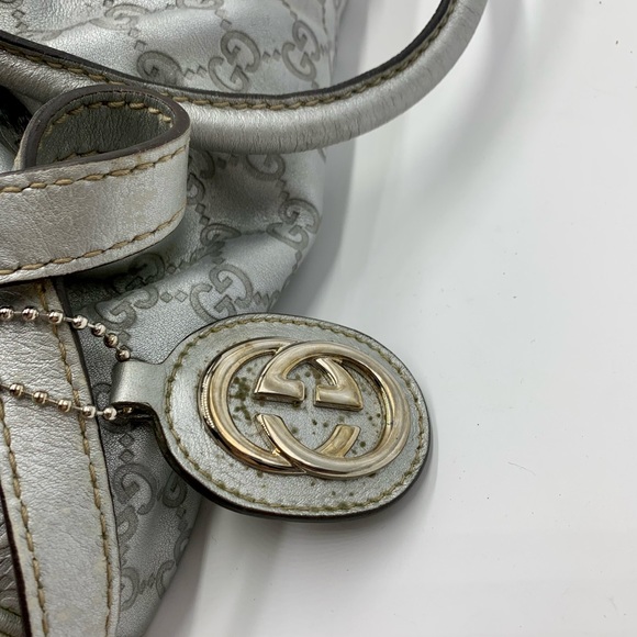 Auth Gucci Silver Gray Metallic Guccisima Leather Convertible Sukey Bowler Bag - Picture 2 of 16